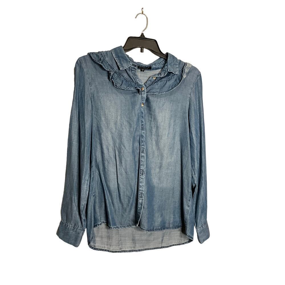 Velvet Heart Tencel Shirt Denim Button Up Ruffle Neck Blue Womens Size Large NEW